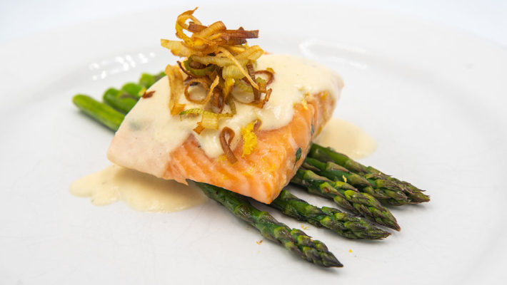 Sous Vide salmon, asparagus, and Dijon cream sauce